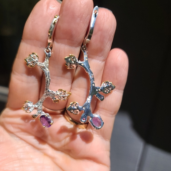 Amethyst & Sapphire floral sterling & gold dramatic earrings - Picture 4 of 6